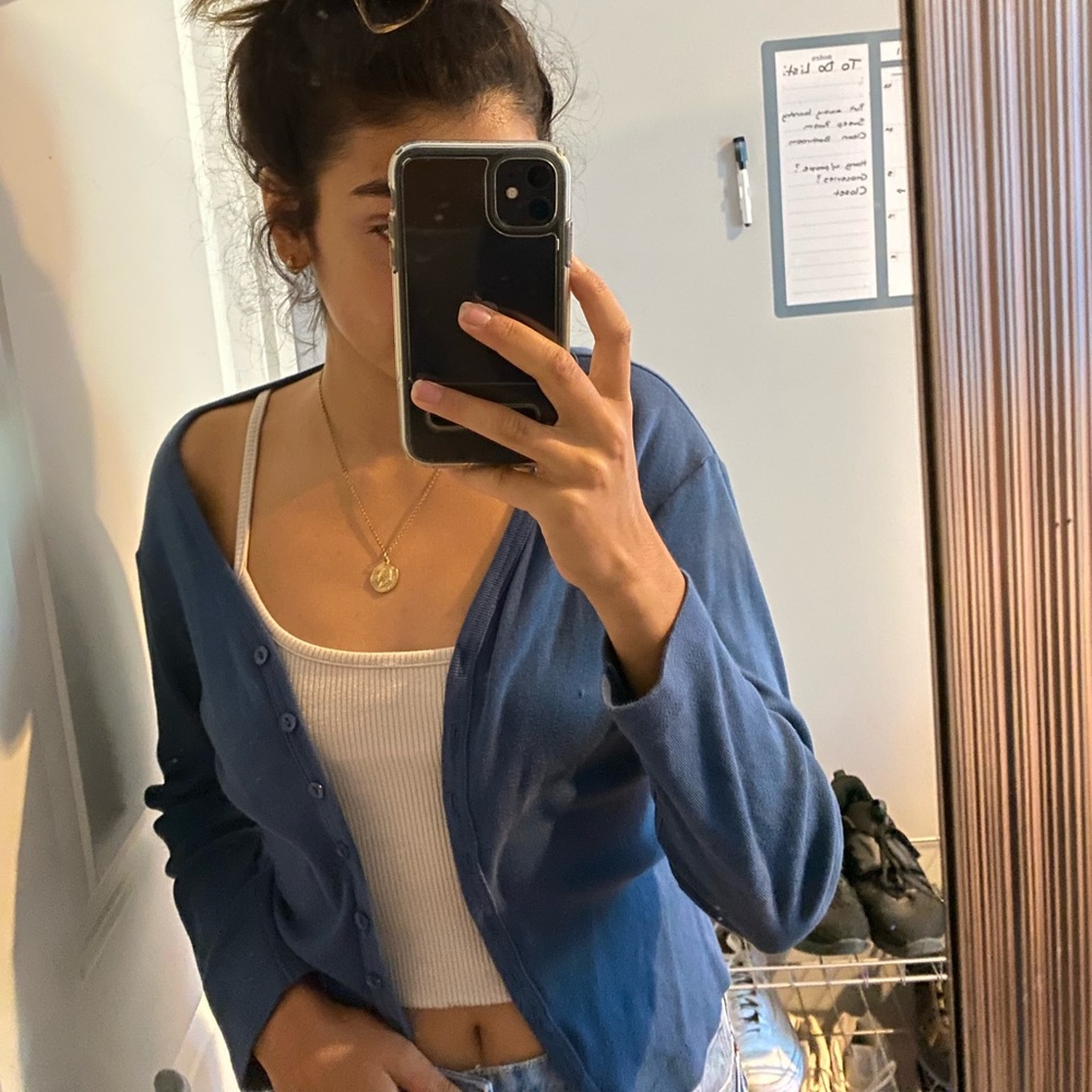 blue button up soft neckline cardigan